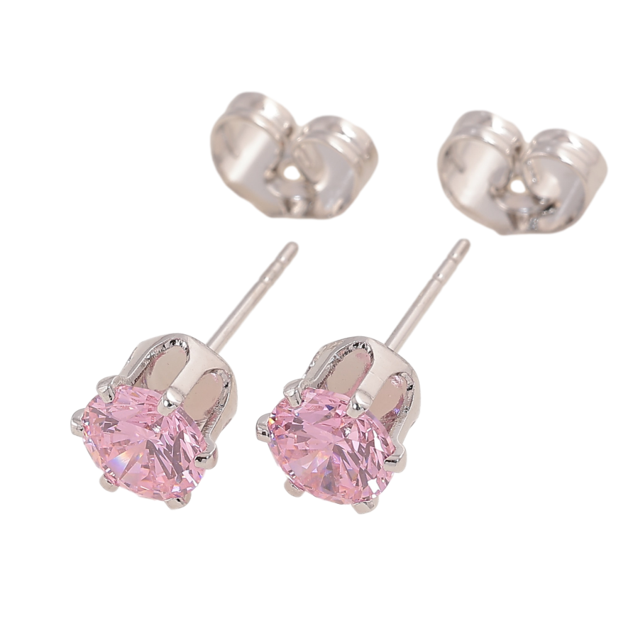 Сережки Xuping колір Родій пусети "Рожеві кристали в 6-ти крапановій оправі" ø 6мм фото №1