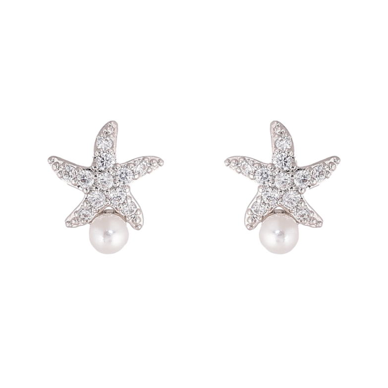 Сережки Xuping колір Родій пусети "Морські зірки з перлинками" фото №1