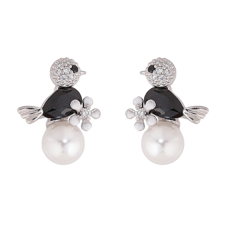 Сережки Xuping колір Родій пусети "Пташка з чорним кристалом на перлині" фото №1