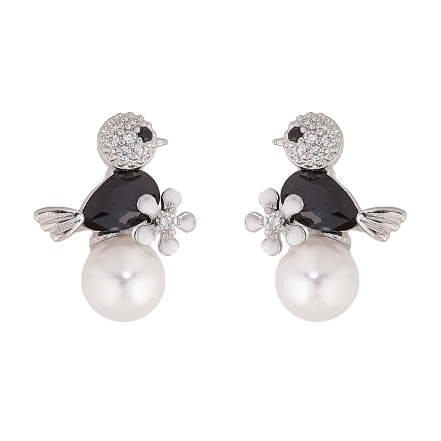 Сережки Xuping колір Родій пусети "Пташка з чорним кристалом на перлині" фото №1