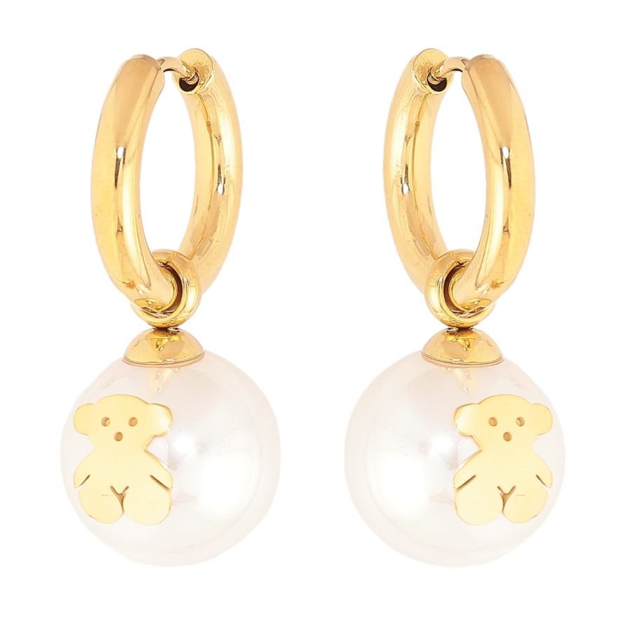 Сережки Нержавіюча сталь підвіски на колечках "Перлини з ведмедиками" 2 в 1, ø 14мм фото №1 Сережки Нержавіюча сталь підвіски на колечках "Перлини з ведмедиками" 2 в 1, ø 14мм фото №1