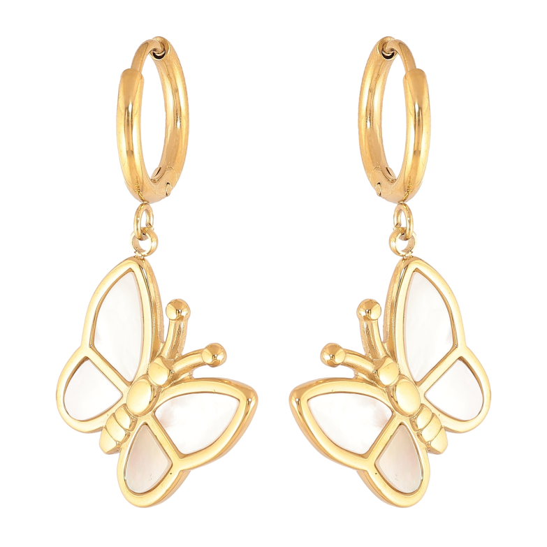Сережки Нержавіюча сталь підвіски на колечках "Метелики з перламутровими вставками" фото №1