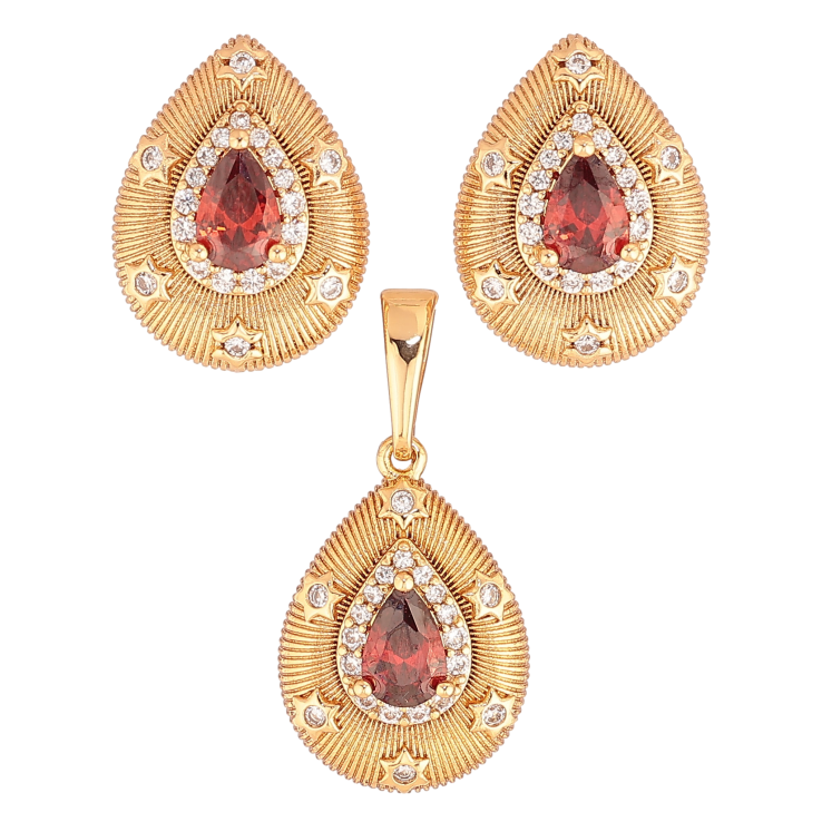 Набір Xuping колір Позолота 18K сережки кулон "Крапельки з візерунком та червоними кристалами" фото №16 Набір Xuping колір Позолота 18K сережки кулон "Крапельки з візерунком та червоними кристалами" фото №16