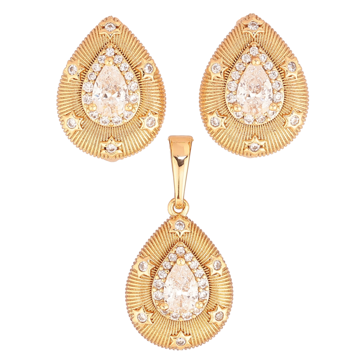 Набір Xuping колір Позолота 18K сережки кулон "Крапельки з візерунком та кристалами" фото №18 Набір Xuping колір Позолота 18K сережки кулон "Крапельки з візерунком та кристалами" фото №18