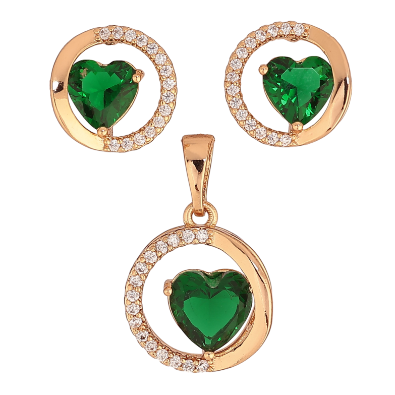 Набор Xuping цвет Позолота 18K серьги кулон "Колечки с зелеными кристальными сердечками" фото №1 Набор Xuping цвет Позолота 18K серьги кулон "Колечки с зелеными кристальными сердечками" фото №1