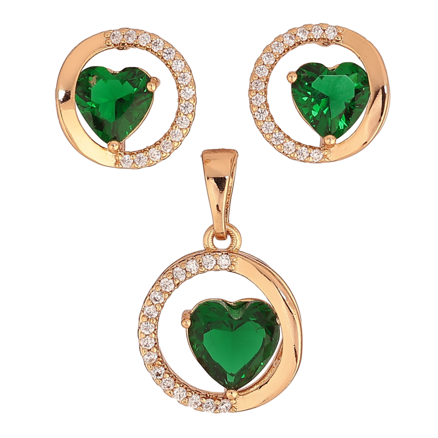 Набор Xuping цвет Позолота 18K серьги кулон "Колечки с зелеными кристальными сердечками" фото №1 Набор Xuping цвет Позолота 18K серьги кулон "Колечки с зелеными кристальными сердечками" фото №1