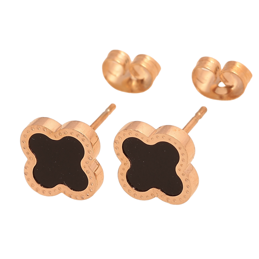 Серьги Нержавеющая сталь пусеты "Клевер с черными вставками" 9х9мм фото №1