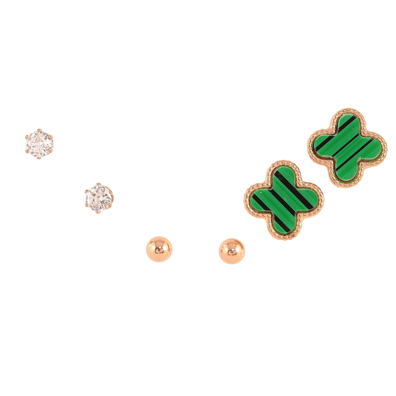 Набор Серьги Нержавеющая сталь пусеты "Клевер, кристаллы и шарики" ø 4мм, 10х10мм фото №2 Набор Серьги Нержавеющая сталь пусеты "Клевер, кристаллы и шарики" ø 4мм, 10х10мм фото №2