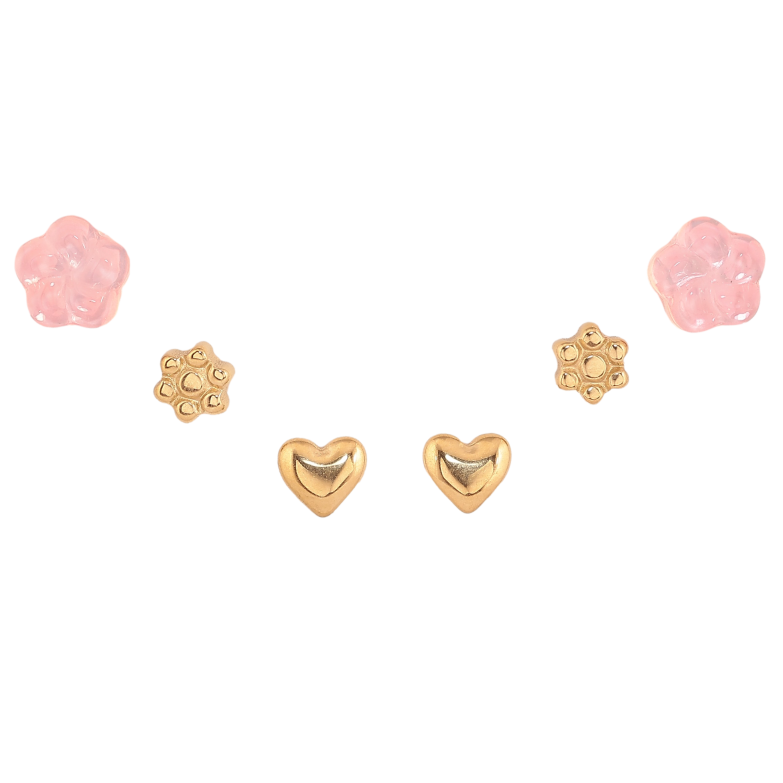 Серьги Набор (3 пары) Xuping TTM Stainless Steel цвет 14К пусеты "Два цветочка и сердечко" фото №1