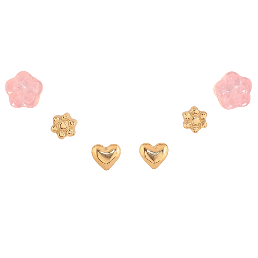 Серьги Набор (3 пары) Xuping TTM Stainless Steel цвет 14К пусеты "Два цветочка и сердечко" фото №1