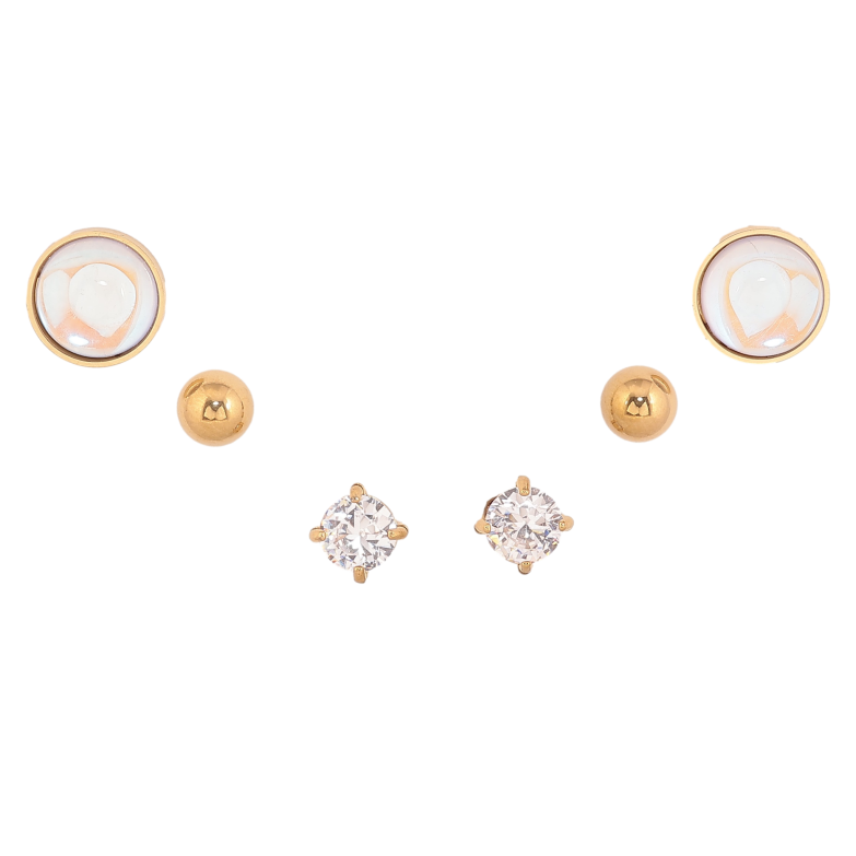 Серьги Набор (3 пары) Xuping TTM Stainless Steel цвет 14К пусеты "Два кристалла и шарик" ø 5мм, 5мм, 9мм фото №1