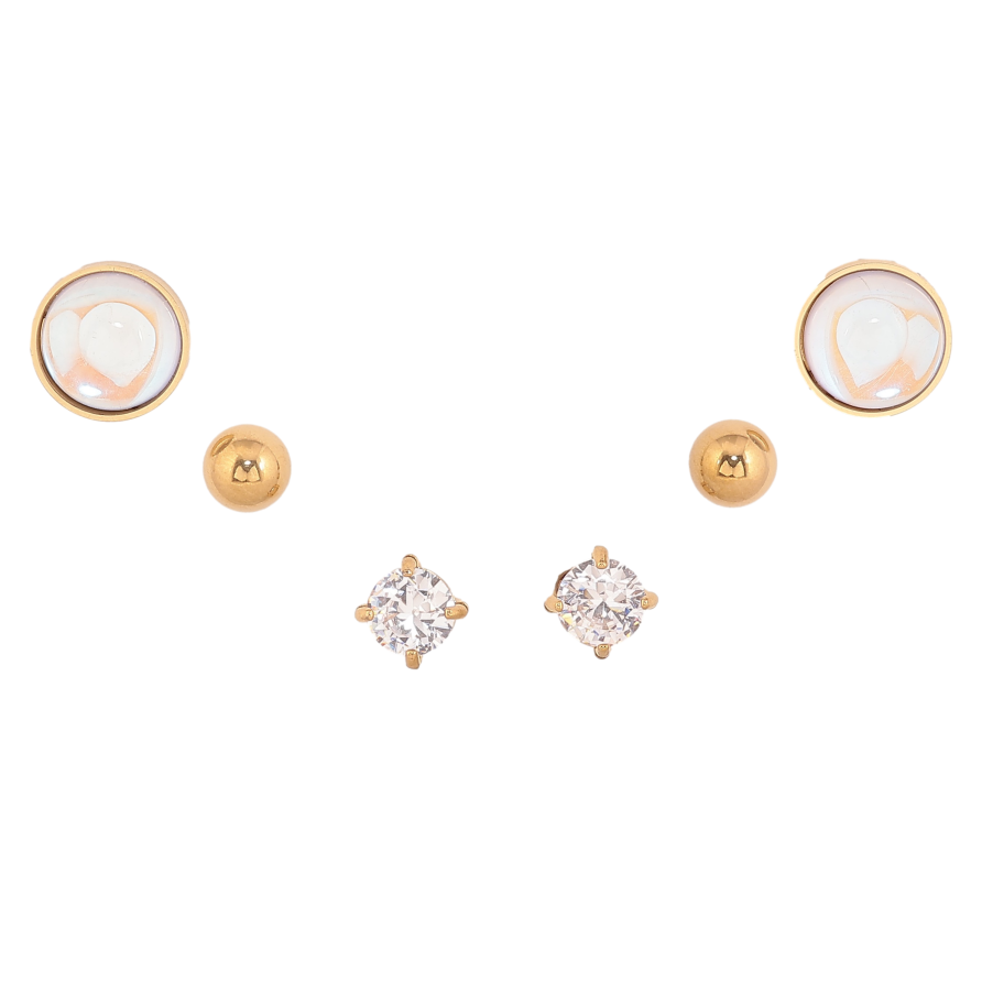 Серьги Набор (3 пары) Xuping TTM Stainless Steel цвет 14К пусеты "Два кристалла и шарик" ø 5мм, 5мм, 9мм фото №1