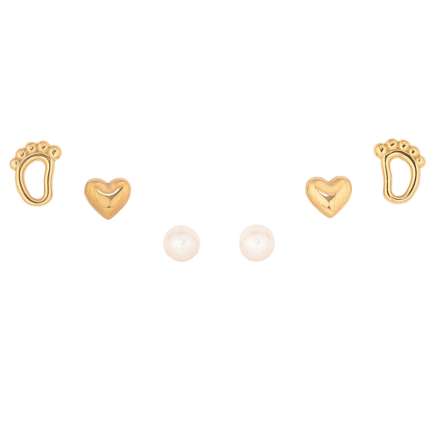 Серьги Набор (3 пары) Xuping TTM Stainless Steel цвет 14К пусеты "Ножки, сердечки и жемчужины" ø 5мм фото №1 Серьги Набор (3 пары) Xuping TTM Stainless Steel цвет 14К пусеты "Ножки, сердечки и жемчужины" ø 5мм фото №1