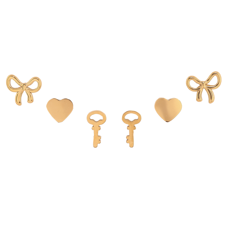 Серьги Набор (3 пары) Xuping TTM Stainless Steel цвет 14К пусеты "Бантики, сердечки и ключики" фото №1