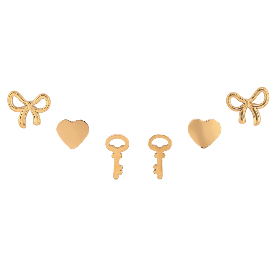 Серьги Набор (3 пары) Xuping TTM Stainless Steel цвет 14К пусеты "Бантики, сердечки и ключики" фото №1