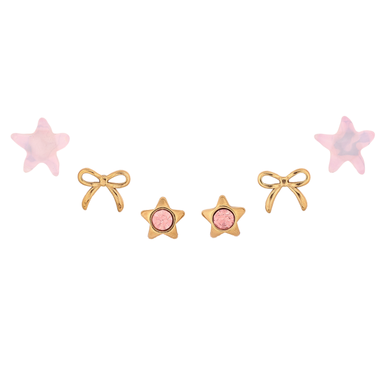 Серьги Набор (3 пары) Xuping TTM Stainless Steel цвет 14К пусеты "Розовые кристальные звезды и бантики" фото №1