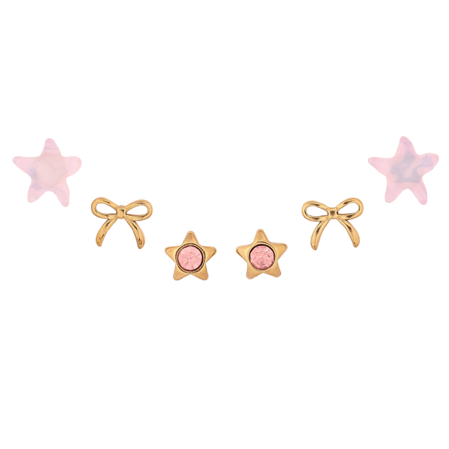 Серьги Набор (3 пары) Xuping TTM Stainless Steel цвет 14К пусеты "Розовые кристальные звезды и бантики" фото №1