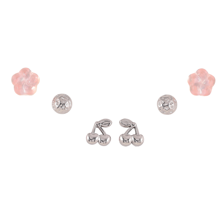 Серьги Набор (3 пары) Xuping TTM Stainless Steel цвет Родий пусеты "Цветочки, круги и вишенки" ø 6мм фото №1