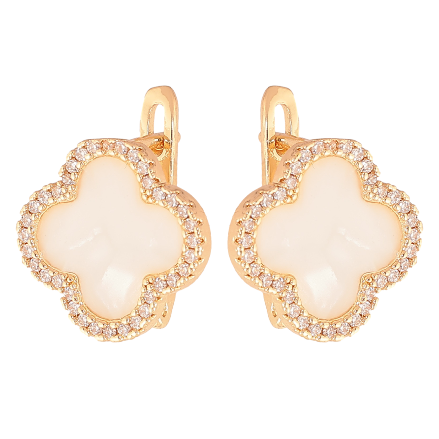 Сережки Нержавіюча сталь англійський замок "Конюшина з перламутровими вставками та кристалами" фото №1 Сережки Нержавіюча сталь англійський замок "Конюшина з перламутровими вставками та кристалами" фото №1