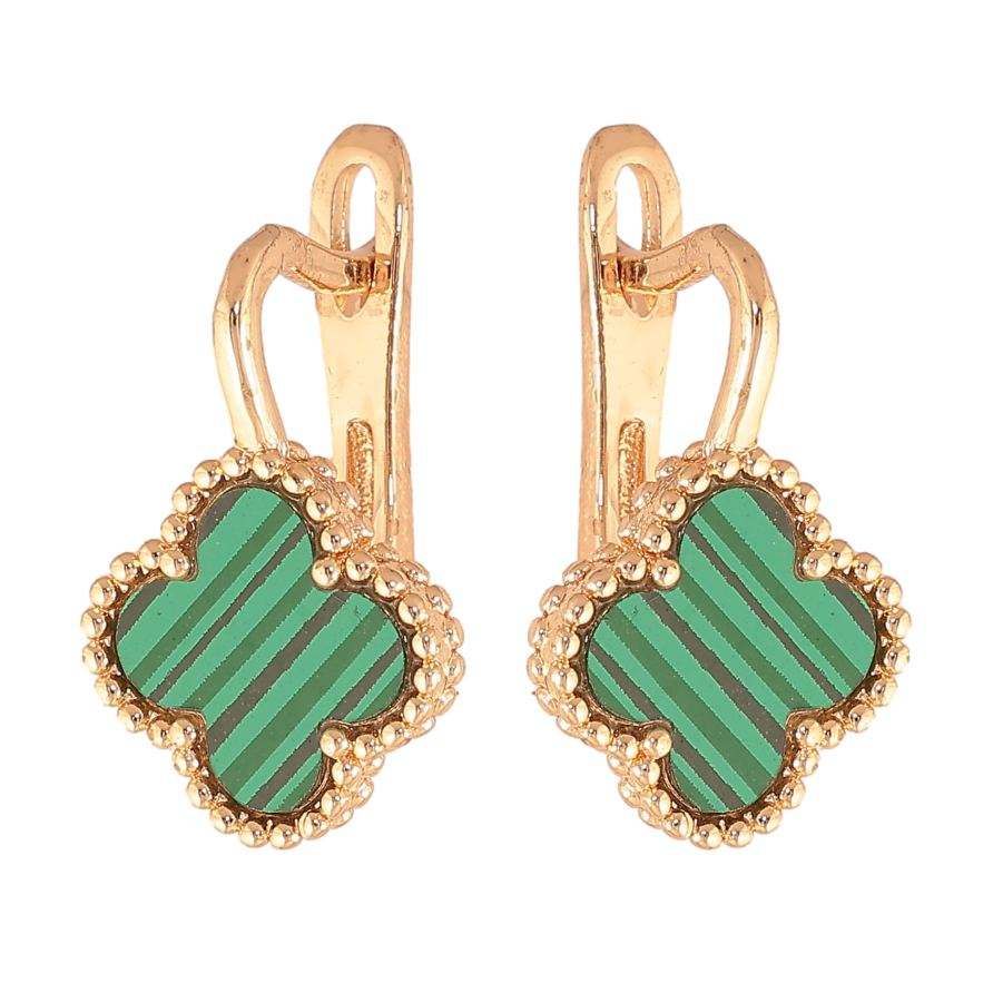 Сережки Нержавіюча сталь англійський замок "Конюшина із зеленими вставками" фото №1