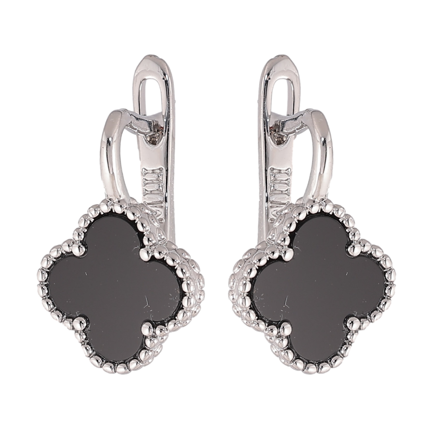 Серьги Нержавеющая сталь английский замок "Клевер с черными вставками" фото №1