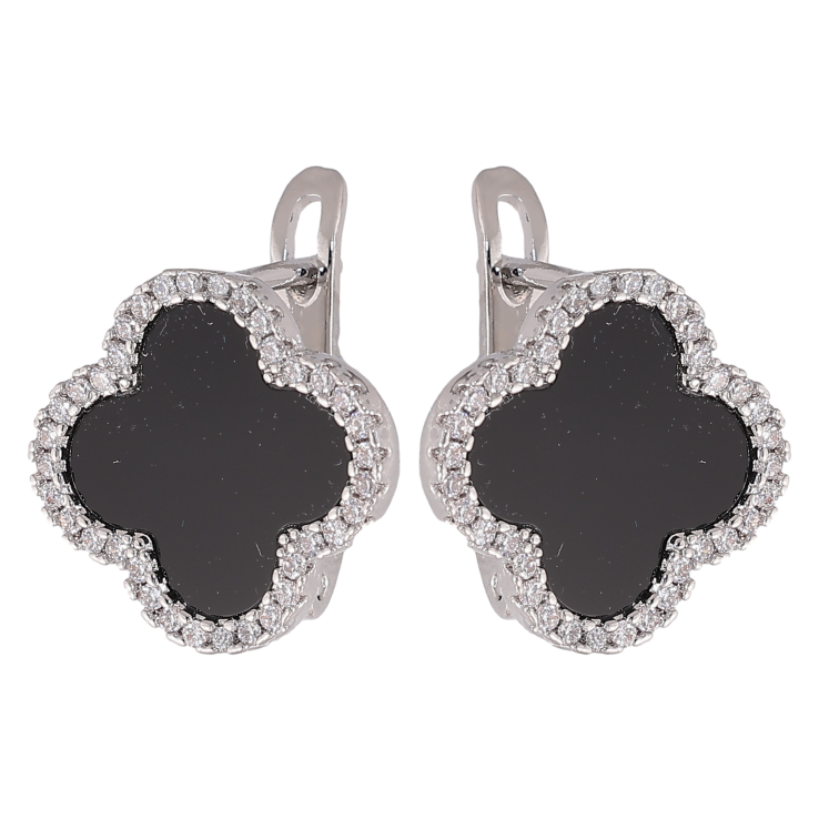 Сережки Нержавіюча сталь англійський замок "Конюшина з чорними вставками та кристалами" фото №2 Сережки Нержавіюча сталь англійський замок "Конюшина з чорними вставками та кристалами" фото №2