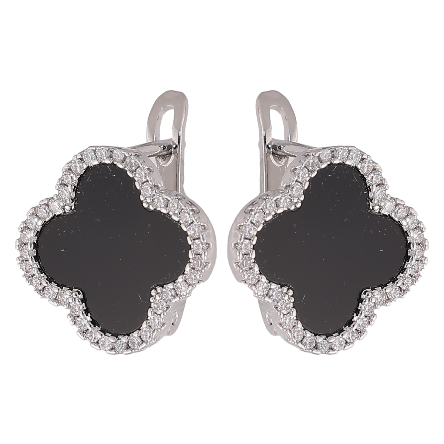 Сережки Нержавіюча сталь англійський замок "Конюшина з чорними вставками та кристалами" фото №1