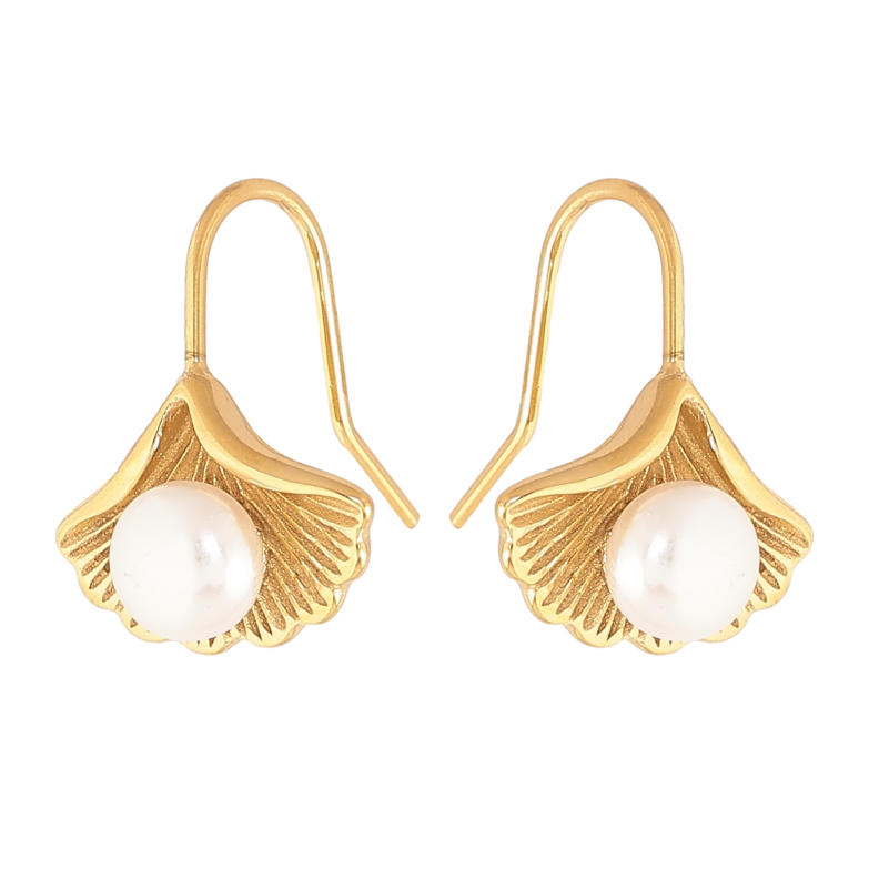 Серьги Нержавеющая сталь французский замок "Листики с жемчужинами" фото №1