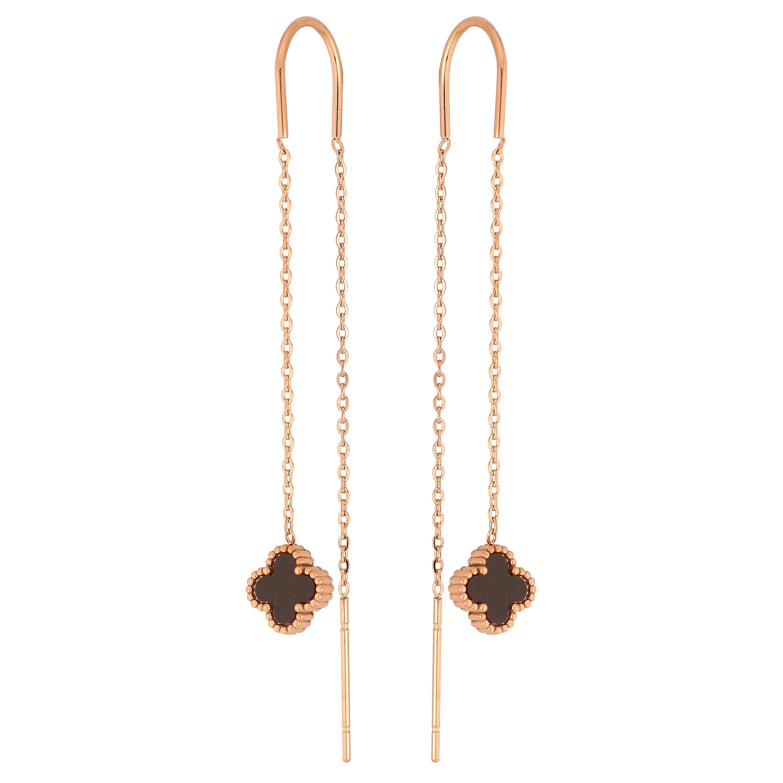 Серьги Нержавеющая сталь протяжки "Клевер с черной вставкой на цепочке" фото №1 Серьги Нержавеющая сталь протяжки "Клевер с черной вставкой на цепочке" фото №1