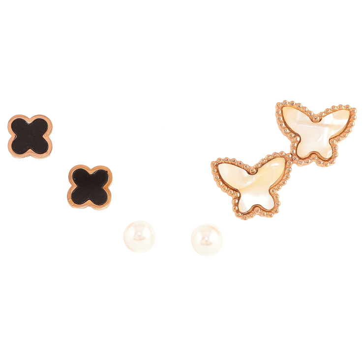 Набір Сережки Нержавіюча сталь пусети "Конюшина, перлини та метелики" ø 5мм, 7х7мм фото №3