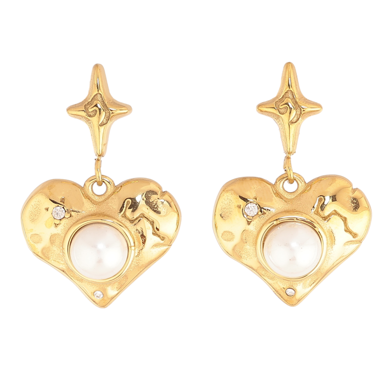 Серьги Нержавеющая сталь пусеты "Подвески сердечки с жемчужинами" фото №1