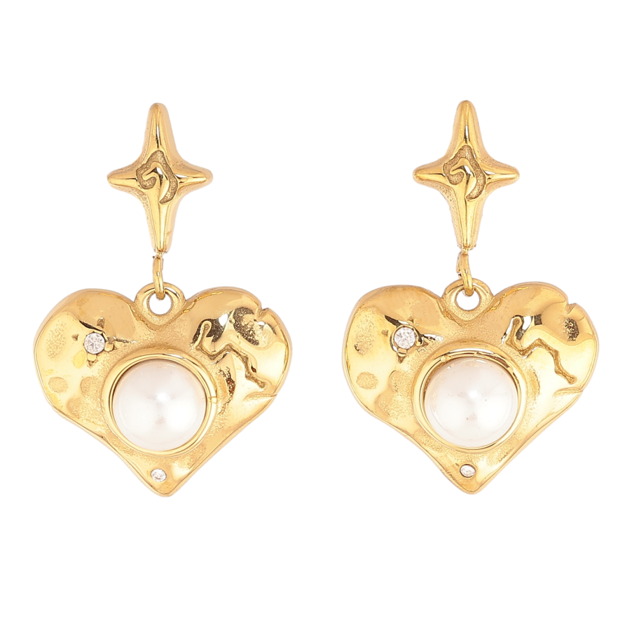 Серьги Нержавеющая сталь пусеты "Подвески сердечки с жемчужинами" фото №1