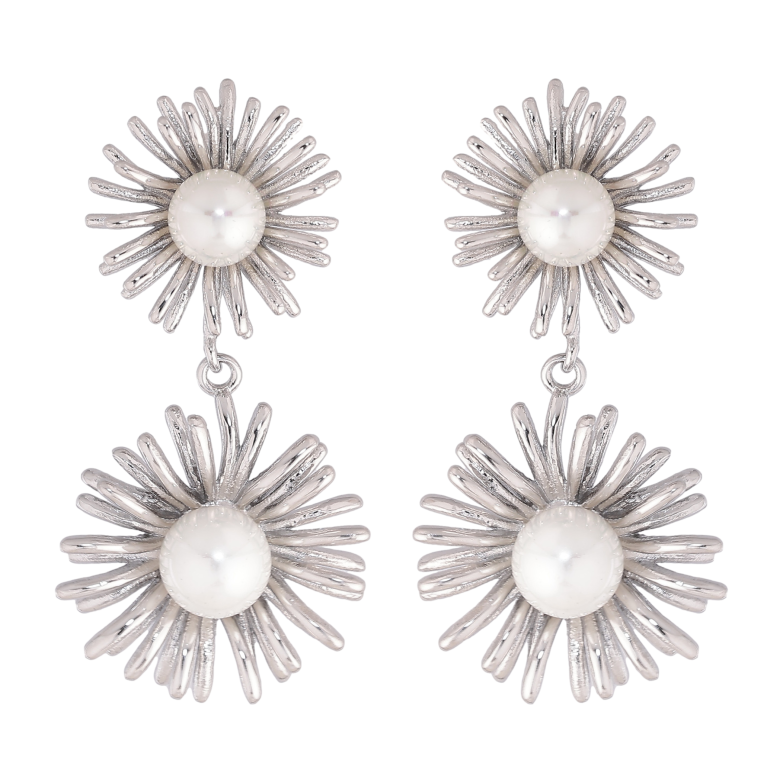 Сережки Нержавіюча сталь пусети "Квіткові підвіски з перлинами" фото №1