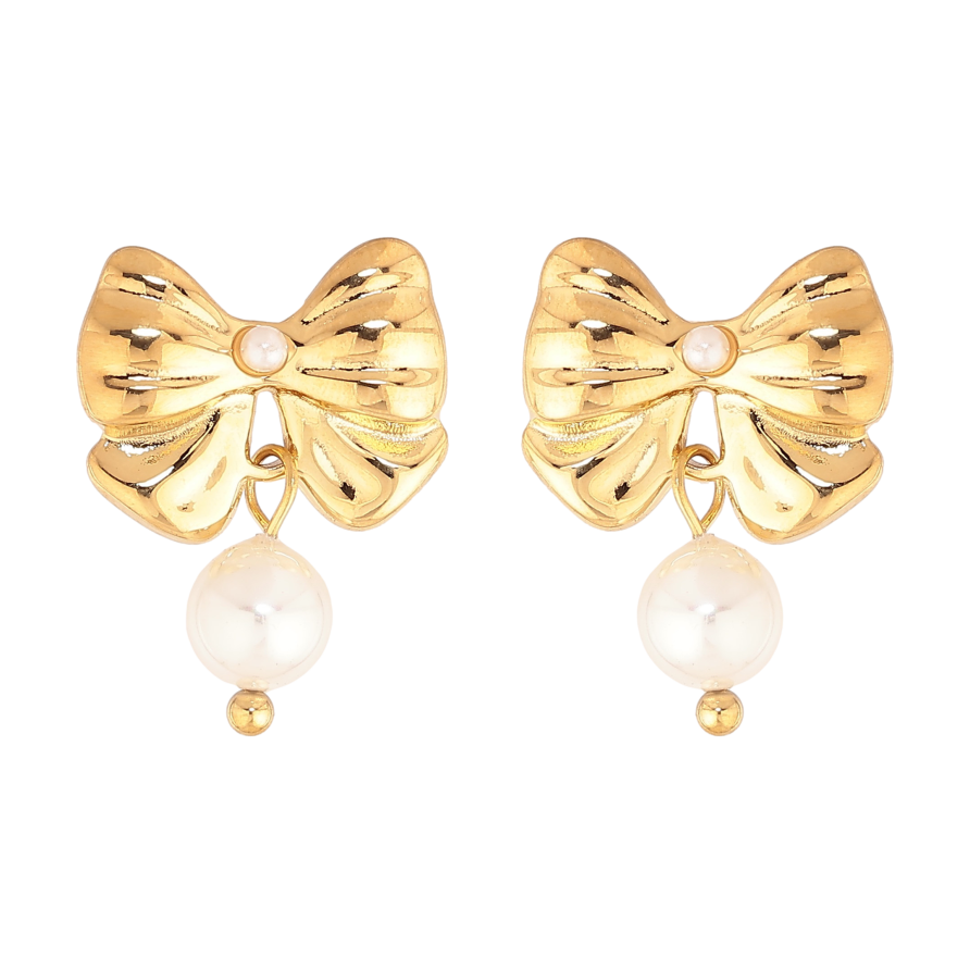 Серьги Нержавеющая сталь пусеты "Банты с жемчужинами" фото №1 Серьги Нержавеющая сталь пусеты "Банты с жемчужинами" фото №1