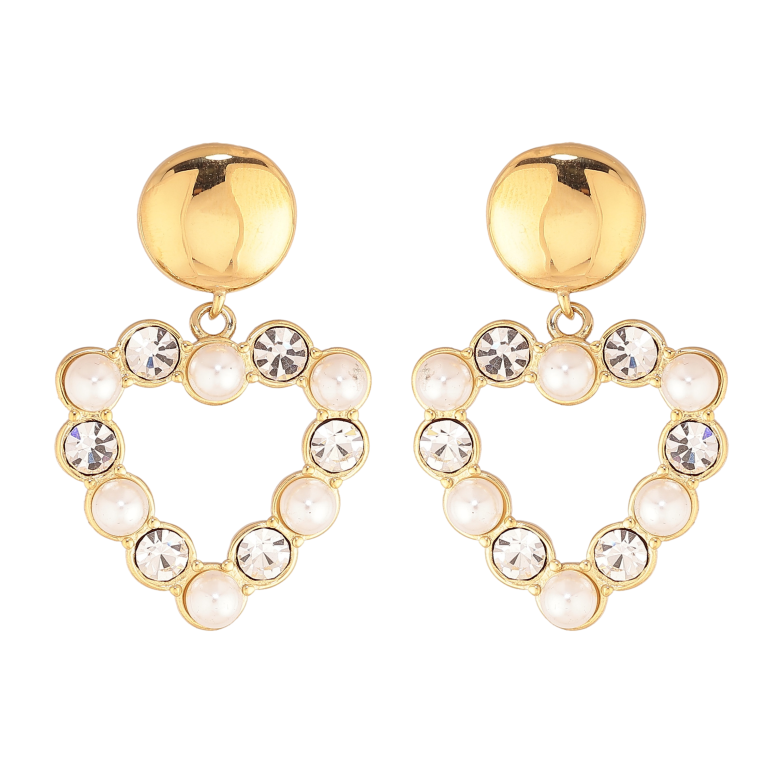 Серьги Нержавеющая сталь пусеты "Подвески сердечки с жемчужинами и кристаллами" фото №1
