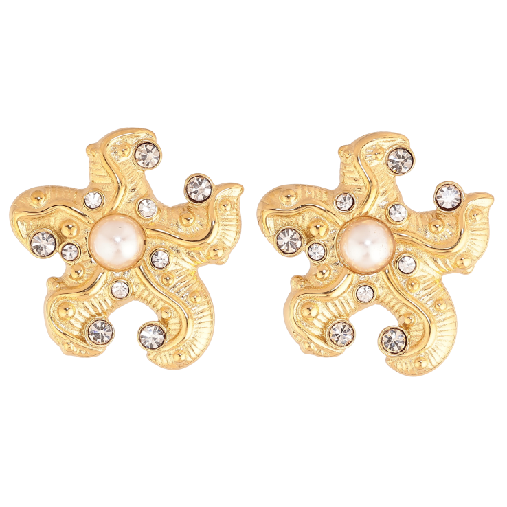 Серьги Нержавеющая сталь пусеты "Морские звезды с жемчужинами и кристаллами" фото №6