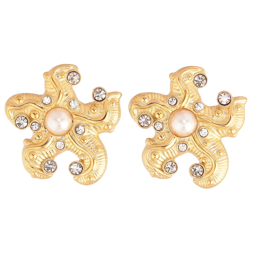 Серьги Нержавеющая сталь пусеты "Морские звезды с жемчужинами и кристаллами" фото №1