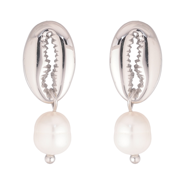 Сережки Нержавіюча сталь пусети "Мушлі каурі з перлинами" фото №1