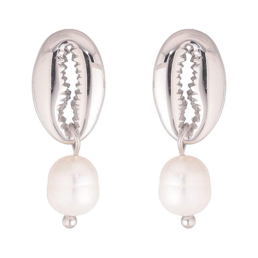 Сережки Нержавіюча сталь пусети "Мушлі каурі з перлинами" фото №1