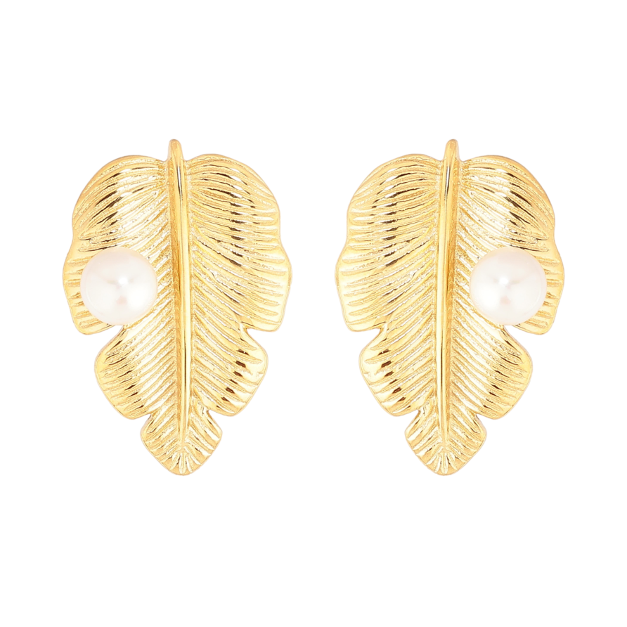 Сережки Нержавіюча сталь пусети "Листочки з перлинами" фото №1