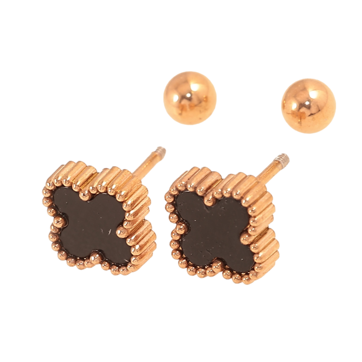 Серьги Нержавеющая сталь пусеты на закрутках "Клевер с черными вставками" 8х8мм фото №3 Серьги Нержавеющая сталь пусеты на закрутках "Клевер с черными вставками" 8х8мм фото №3