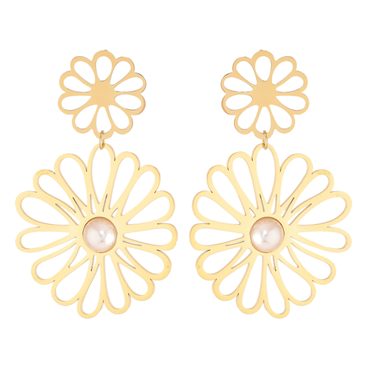 Серьги Нержавеющая сталь пусеты "Цветочные подвески с жемчужинами" фото №17