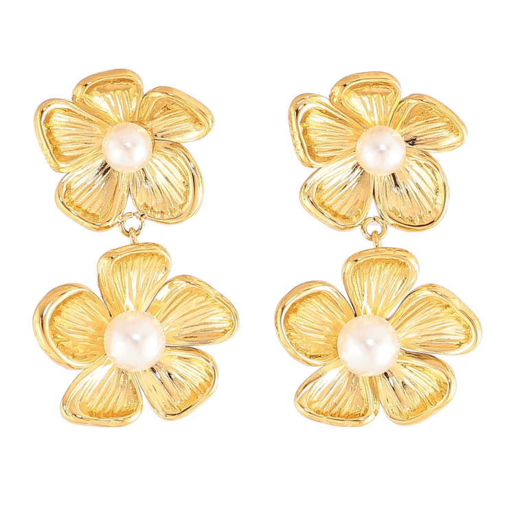 Серьги Нержавеющая сталь пусеты "Цветочные подвески с жемчужинами" фото №3