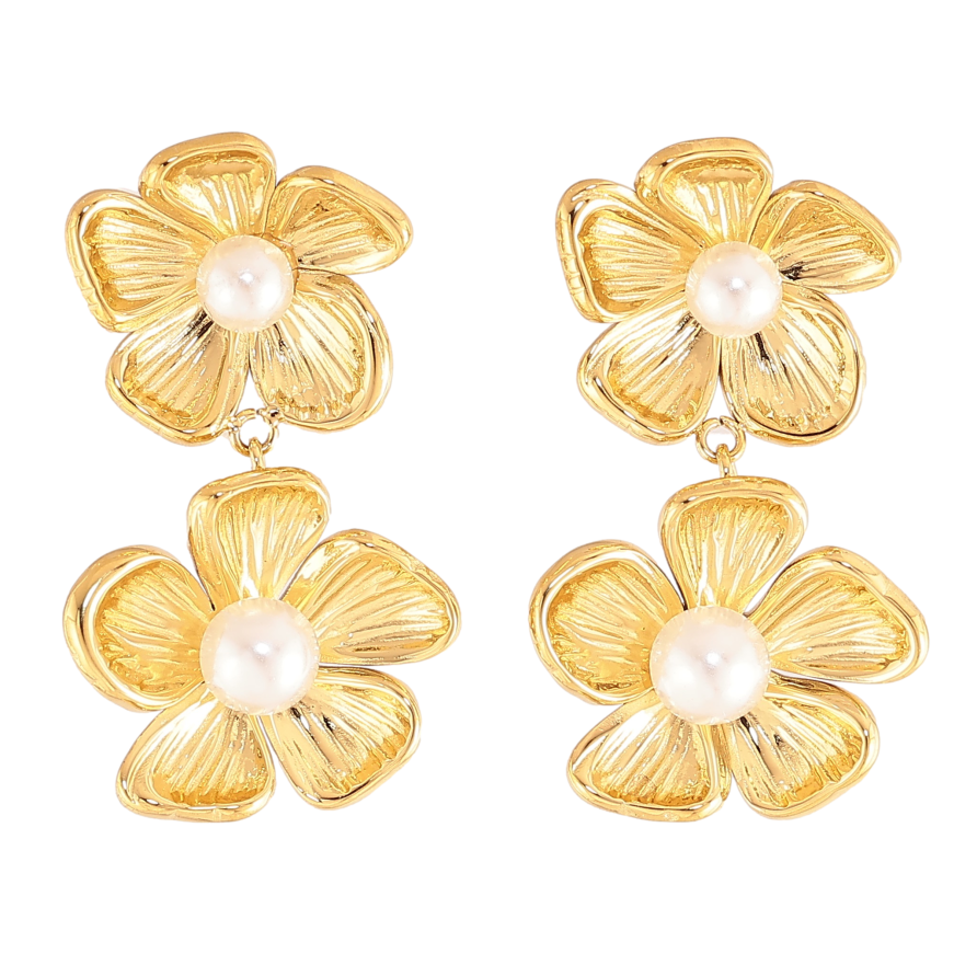 Серьги Нержавеющая сталь пусеты "Цветочные подвески с жемчужинами" фото №1 Серьги Нержавеющая сталь пусеты "Цветочные подвески с жемчужинами" фото №1