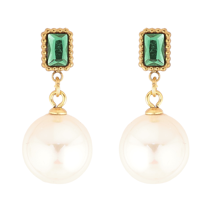 Сережки Нержавіюча сталь пусети "Перлинні підвіски із зеленими кристалами" фото №5 Сережки Нержавіюча сталь пусети "Перлинні підвіски із зеленими кристалами" фото №5