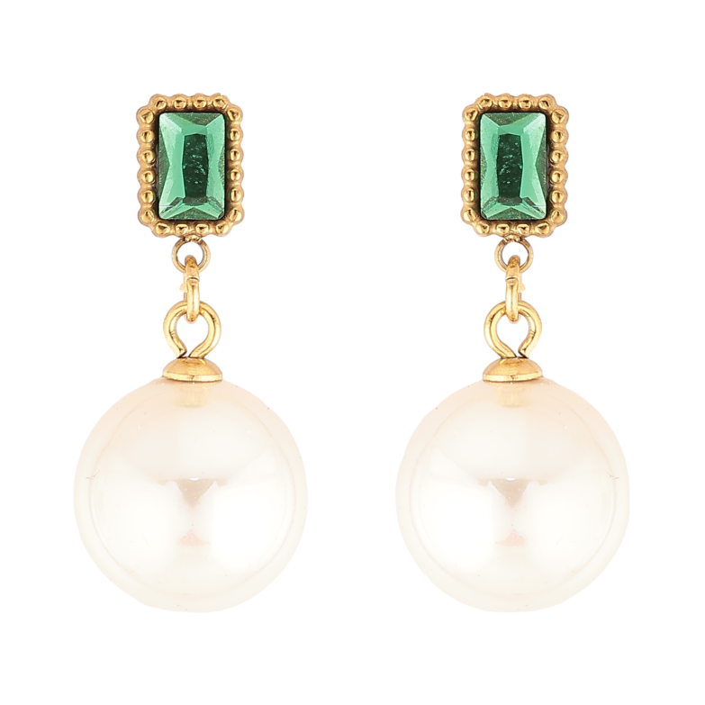 Серьги Нержавеющая сталь пусеты "Жемчужные подвески с зелеными кристаллами" фото №1