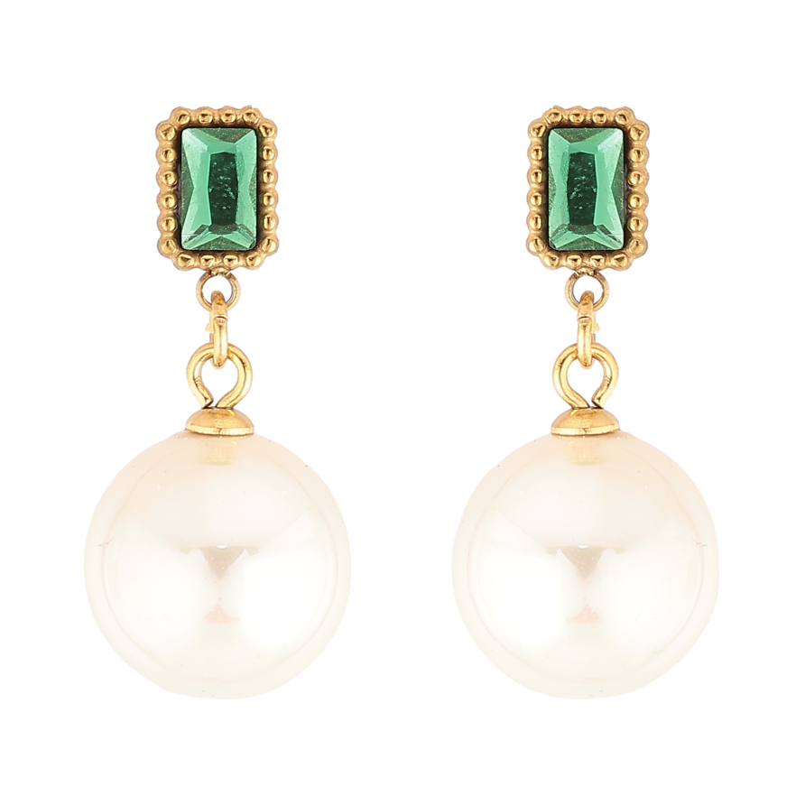 Сережки Нержавіюча сталь пусети "Перлинні підвіски із зеленими кристалами" фото №1
