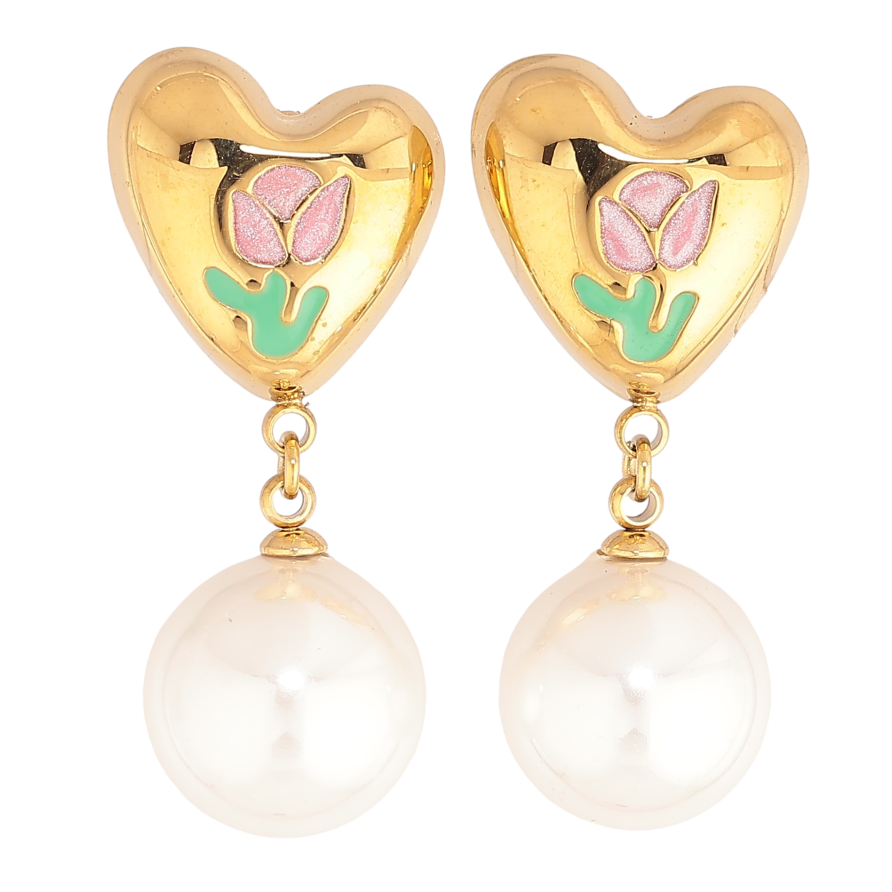 Сережки Нержавіюча сталь пусети "Сердечки з візерунком квіточки та перлинними підвісками" фото №1