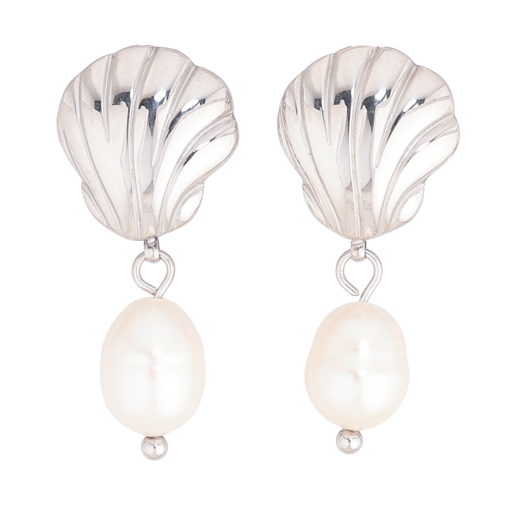 Сережки Нержавіюча сталь пусети "Мушля з перлинними підвісками" фото №6