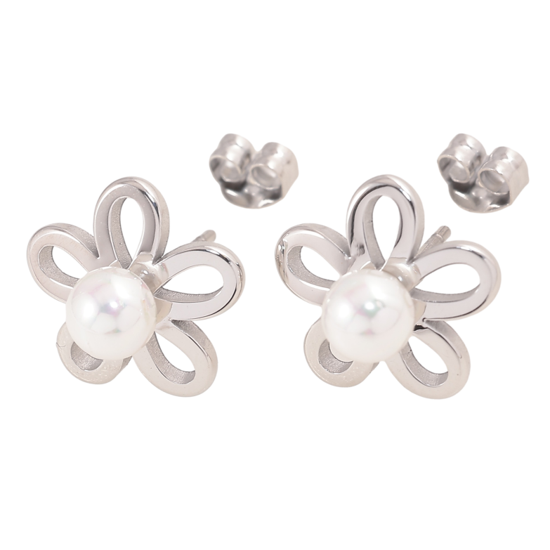 Сережки Нержавіюча сталь пусети "Квіточки з перлинами" фото №3